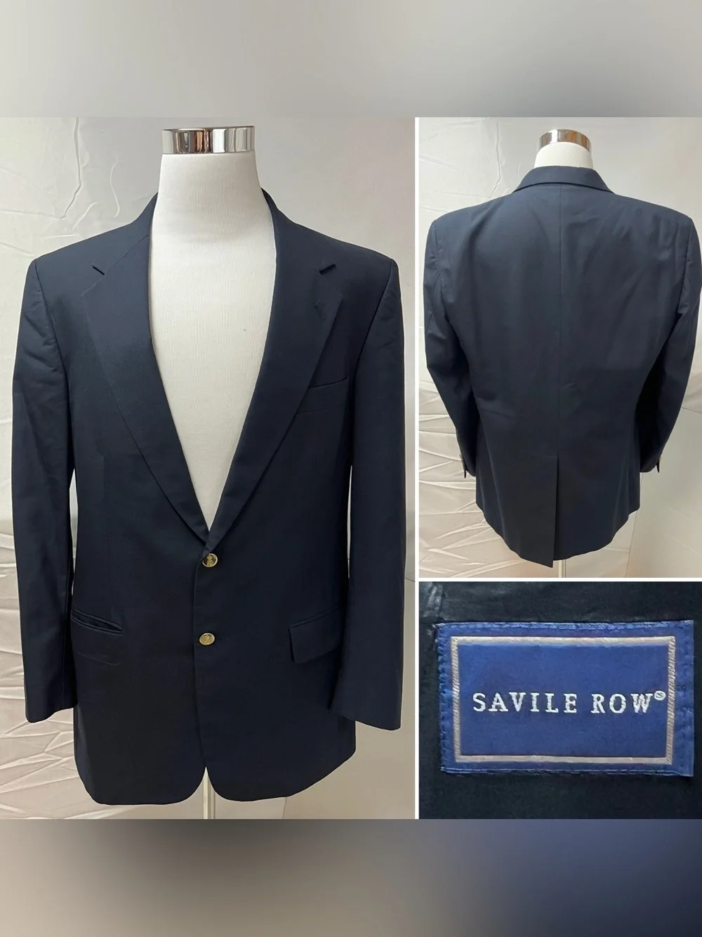 Savile Row Men's 43L Navy Blue Wool Gold Button Blazer Jacket Sport Coat